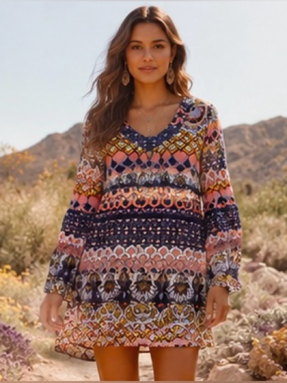 New World Boho Bell Sleeve Mini Dress, Coral & Navy Print, V-Neck Tunic Dress M